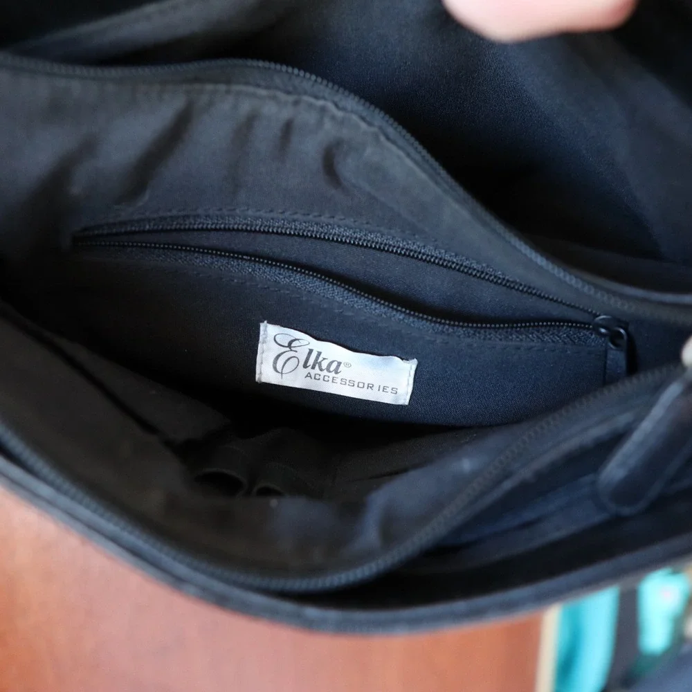 Elka Accessories Genuine Black Leather Shoulder Bag Vintage Hobo Style‎